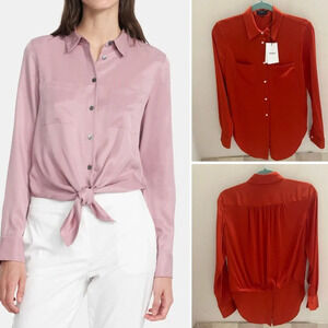 New! Theory Burnt Orange Button Down Blouse Tie Front Shirt nwt 27397